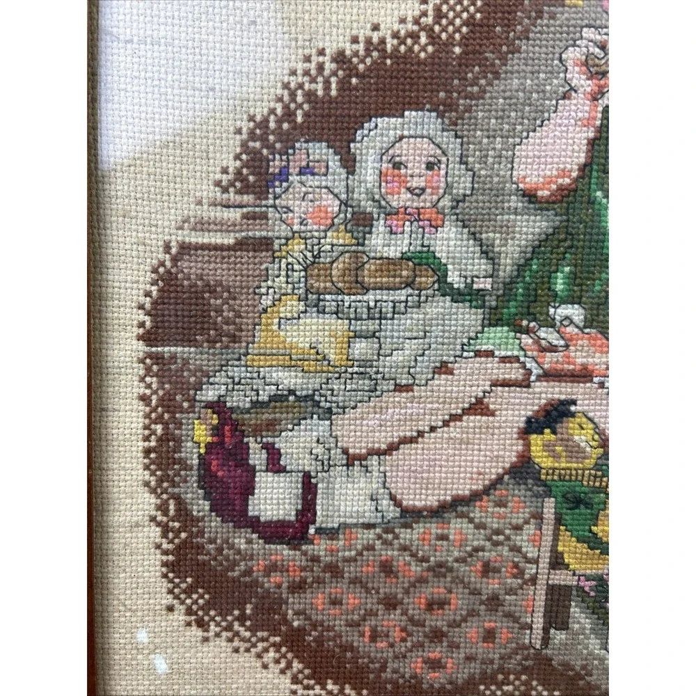 Vtg Framed‎ Needlepoint Cross Stitch Old Fashion Girl Toys Wall Decor Art